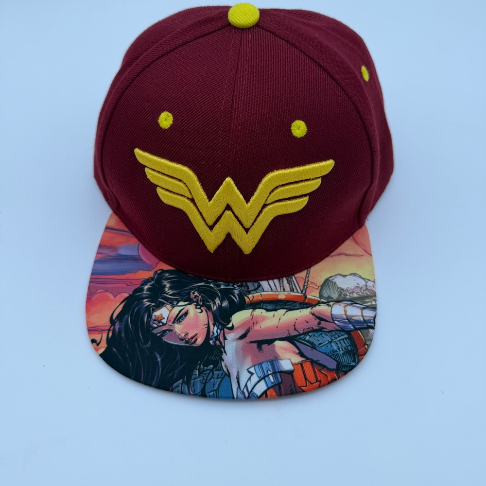 Wonder Woman Six Flags Snapback Hat Burgundy Maroon Comic Graphic Flat Brim Cap